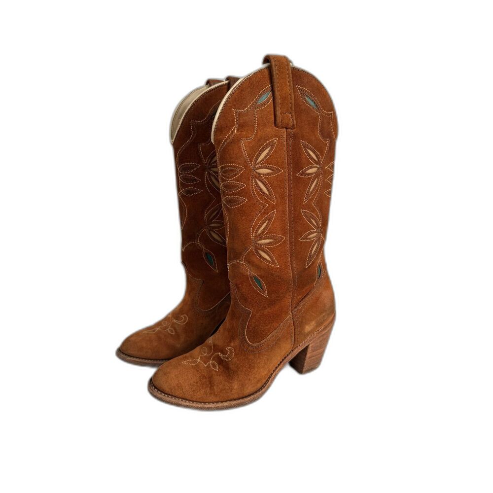 Vintage ACME Cowboy Boots Womens 6.5M Brown Suede Turquoise Inlay USA